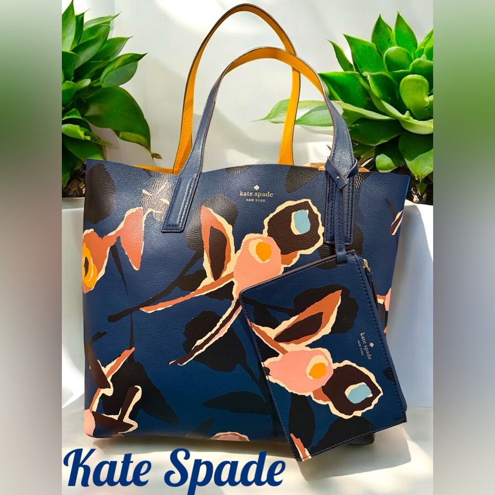 Kate Spade Arch Paper Rose Blue & Yellow Reversible Tote w/ matching Pouch NWOT